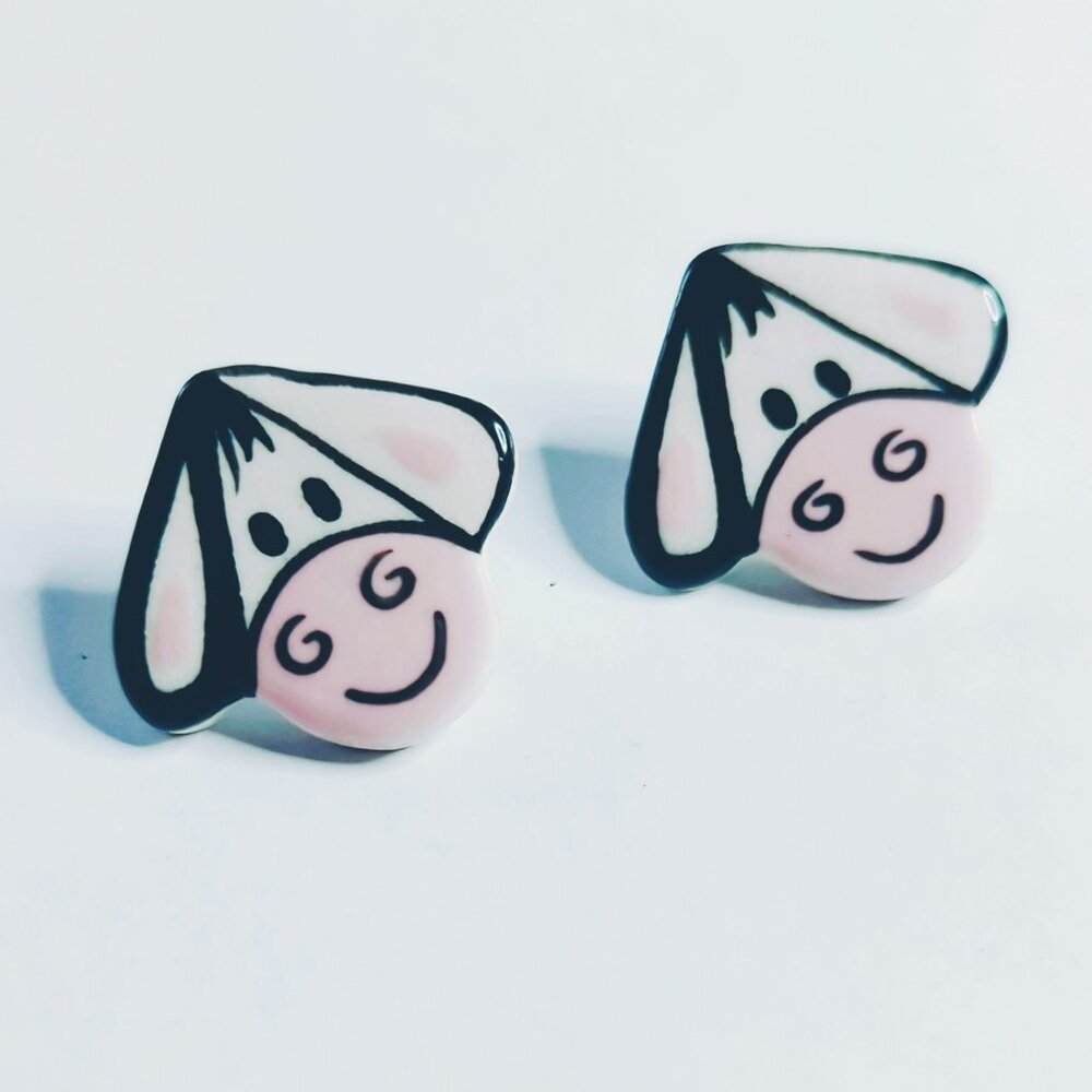 Vintage Ceramic Black White Cow Face Stud Earrings Novelty - Picture 3 of 4